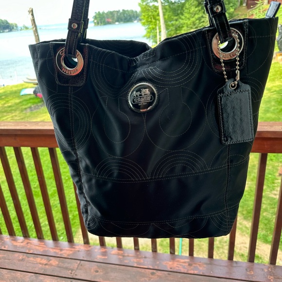 Coach black sateen cloth tote , patent leather trim. - Picture 10 of 12